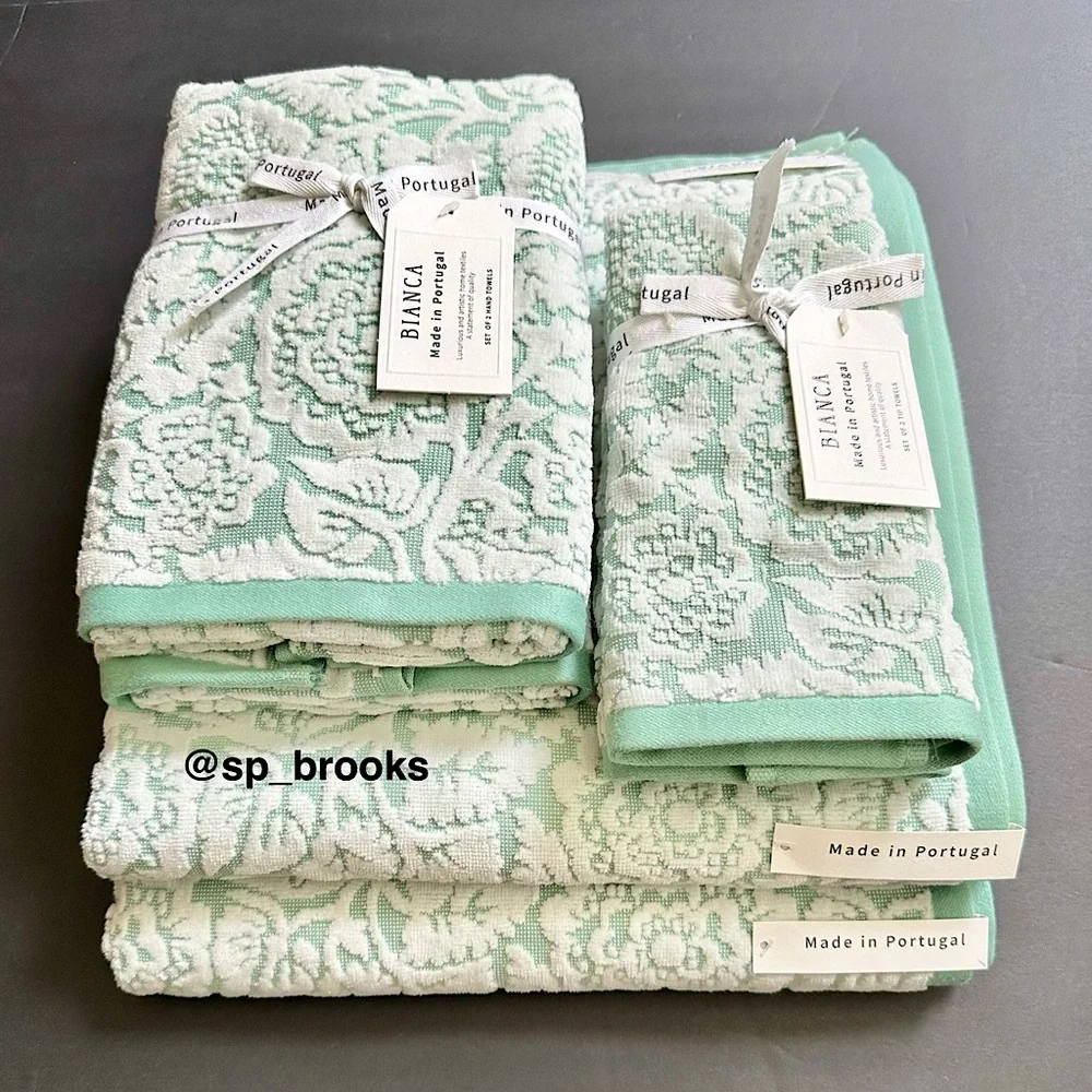 🎁6PC BIANCA Bath Towel Set - Floral Woven Terry Pattern Pastel Green & White
